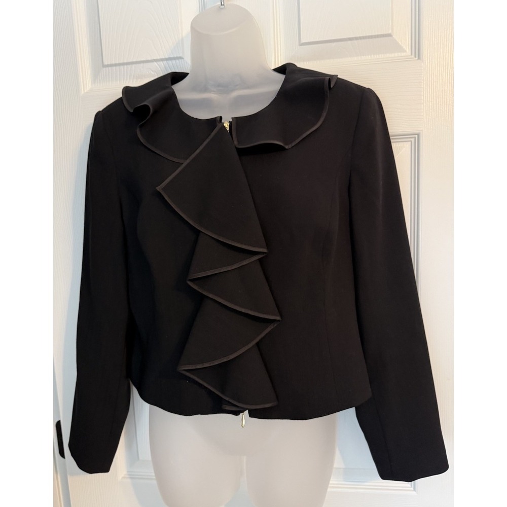 Vintage 90s Y2K Doncaster Collection Black 100% Wool Ruffle Zip Top Jacket 14P